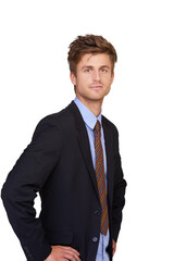 Business man, work portrait and suit with corporate confidence isolated on transparent, png background. Career, professional and young male person with worker and job success with lawyer employee