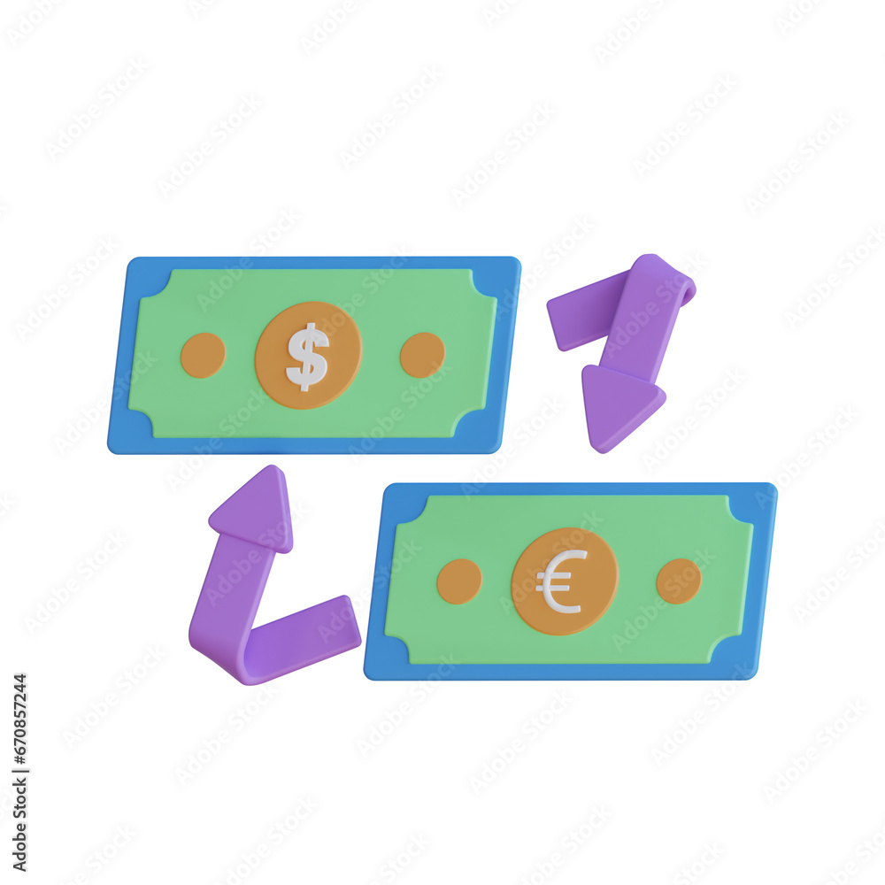 Poster 3d model of 100 euro exchange banknote. 3d model of 50 us dollar exchange banknote. 3d illustration,