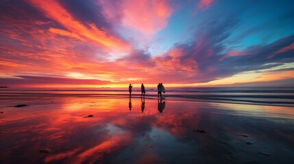 Surfers during sunset, amazing cloud sunset reflection on water
