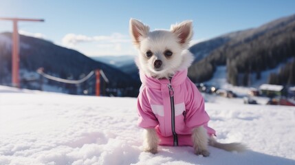 A happy, active, small, cheerful dog in a pink jacket and glasses runs through the snow overlooking a snowy landscape of a forest and mountains, at a ski resort.