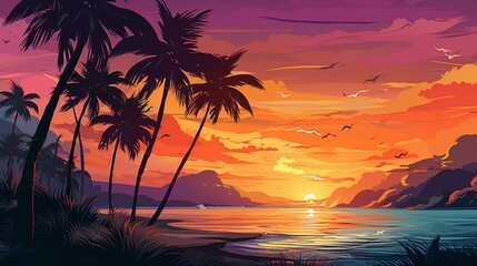 Sunset with palm trees colourful background