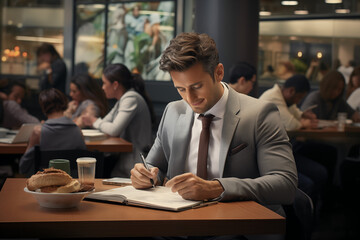 A businessman in a suit sits in a modern café, surrounded by numerous other businessmen. He writes by hand in a large notebook, creating a scene of professional activity in a relaxed setting.