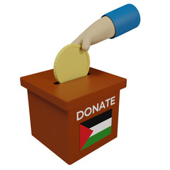 3d render of box, coin and hand icon. illustration concept of donating to the country of Palestine