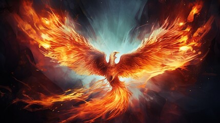 Fire burning Phoenix Bird with fantasy background. AI generated image