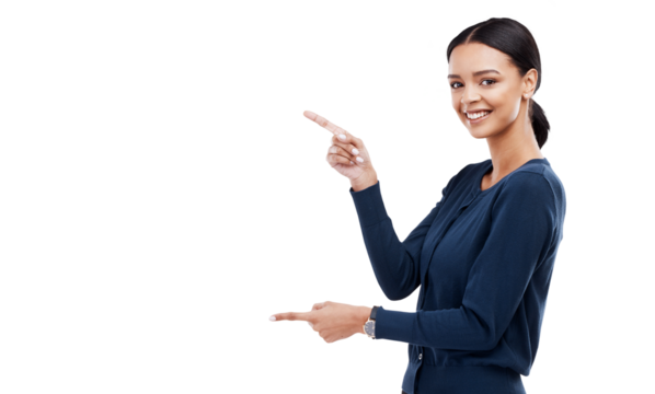Pointing, portrait or happy woman with sale checklist, retail offer or discount deal isolated on png. Transparent background, smile or girl showing steps guide, bullet point info or menu choice promo