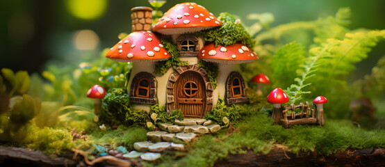 Miniature landscape of colorful glowing magic mushroom huts in forest 8