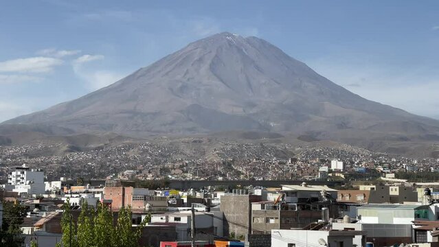 Scenic view of the Misti Stratovolcano (Guagua Putina) with the Arequipa cityscape in southern Peru