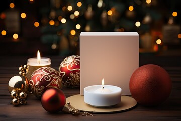 Christmas blank greeting card with candle background and Christmas elements with text space