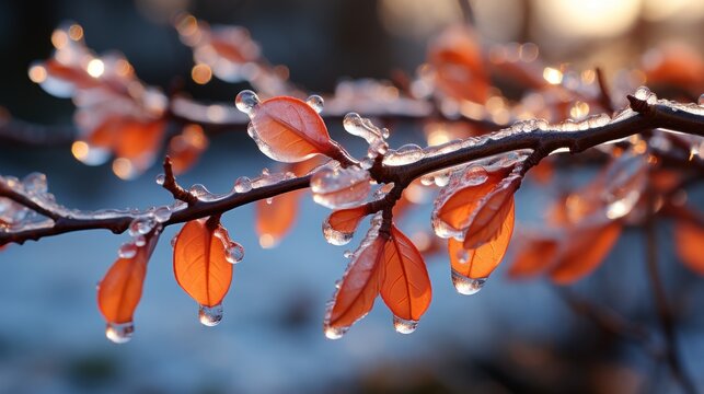 Glistening dewdrops cling to vibrant orange leaves, capturing the essence of a chilly morning. The golden sun rays shimmer, adding to the ethereal beauty. - Powered by Adobe