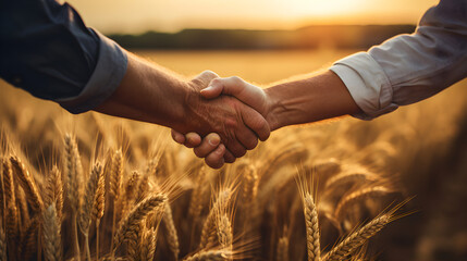 Two farmers in a wheat field shaking hands, signifying agricultural business, - obrazy, fototapety, plakaty