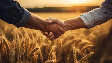 Fotobehang Two farmers in a wheat field shaking hands, signifying agricultural business, © NE97