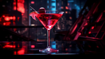A wild night with a bold red cocktail, set against a dark, mysterious nightclub background, igniting the thrill of a night out on the town