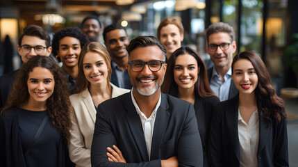 A diverse group of business professionals, modern and multi-ethnic, standing together and facing the camera for a portrait shot, - obrazy, fototapety, plakaty