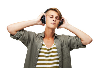 Music headphones, meditation and man listening isolated on a transparent png background. Peace, radio or person streaming audio, podcast or hearing sound of jazz, media or song for calm, zen or relax