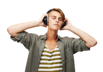 Music headphones, meditation and man listening isolated on a transparent png background. Peace, radio or person streaming audio, podcast or hearing sound of jazz, media or song for calm, zen or relax