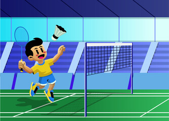 Cartoon Boy Playing Badminton Indoor Court