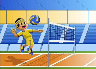 Cartoon Boy Playing Volleyball Indoor Court 
