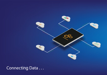 Mobile phone connected to cloud data. Data transfer computing technology and data center connection network concept. Web-based cloud. Vector
