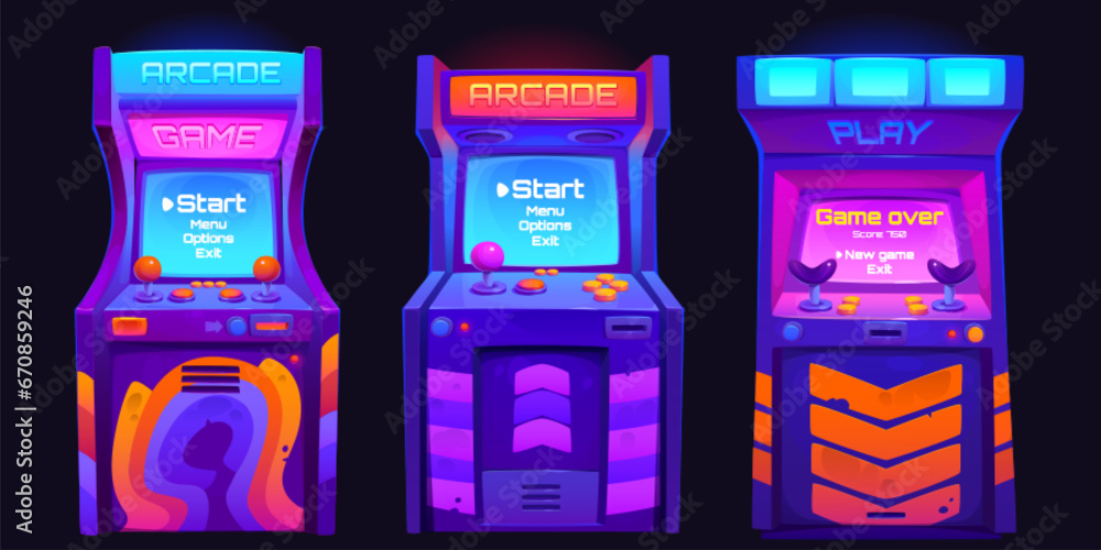 Poster arcade game machines set isolated on black background. vector cartoon illustration of retro computer