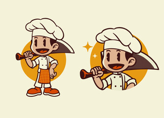 Cartoon Vintage of Happy Chef Hold Big Knife