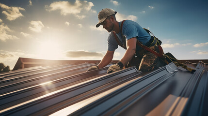 construction technician installing metal sheet roof and sky - obrazy, fototapety, plakaty