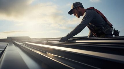 Close-up construction technician installing metal sheet roof and sky