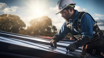 Fotobehang Close-up construction technician installing metal sheet roof and sky © EmmaStock