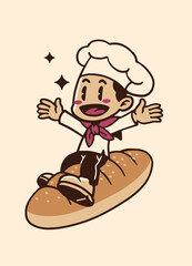 Happy Baker Flying with Bread in Vintage Style