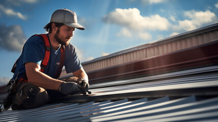 construction technician installing metal sheet roof and sky