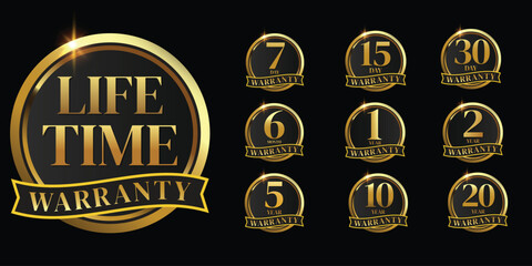 set of golden warranty logo,Vector golden warranty number. 7, 30, 3, 1, 2, 3,6, 5, 10, 15,,20life time,logo design. vector illustration - obrazy, fototapety, plakaty