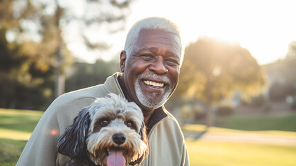 Happy black senior man with small dog in the park. Positive emotions, pet concept.
