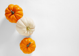 White and orange colored mini pumpkins over white background with copy space for text.