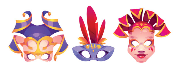 Carnival masks for a masquerade show or festival. Cartoon vector costume parts set for face camouflage with feathers and ornaments. Traditional theater or Mardi Gras party disguise element. © klyaksun