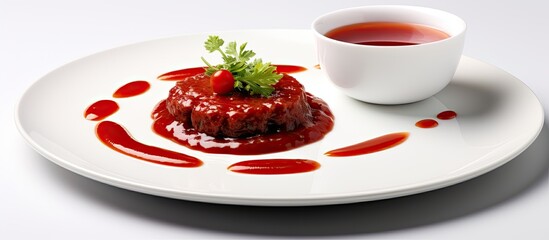 In a restaurant arrange the plate with sauce and decorative elements