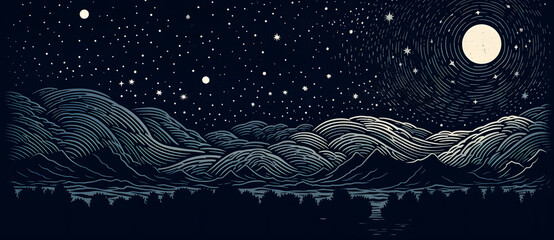 Woodcut illustration of beautiful night sky with stars and crescent moon 12 - obrazy, fototapety, plakaty