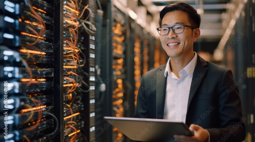 Poster portrait of asian system administrator engineer. cyber security concept. data cloud protection netwo