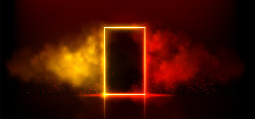 Neon light door on black background. Vector realistic illustration of rectangle frame portal on night club stage with red, orange, yellow smoke, reflection on floor, sparkling particles glowing in air - obrazy, fototapety, plakaty