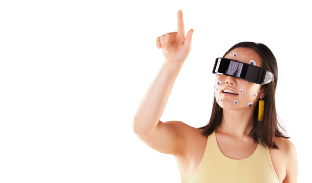 Isolated woman, virtual reality glasses and press with choice, metaverse or gaming by transparent png background. Gen z girl, ar vision and finger for 3d user experience, esports or tech promotion