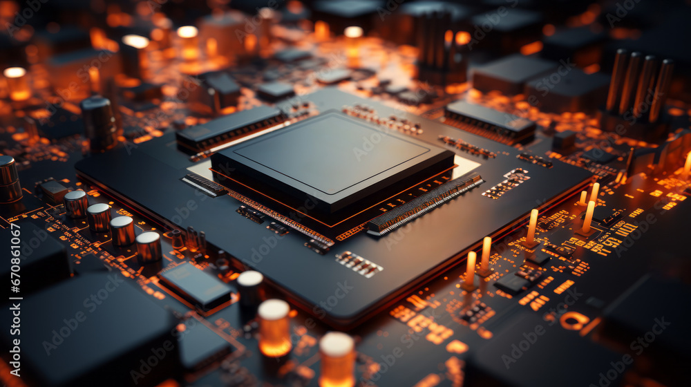 Poster closeup hardware background of motherboard. circuit cpu microchip digital. ai generative illustratio
