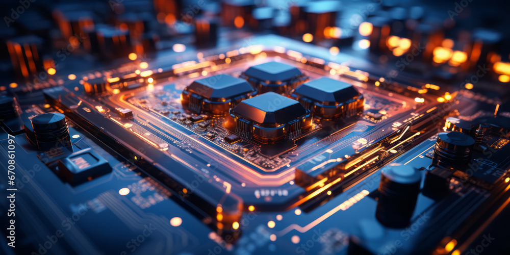 Poster closeup hardware background of motherboard. circuit cpu microchip digital. ai generative illustratio