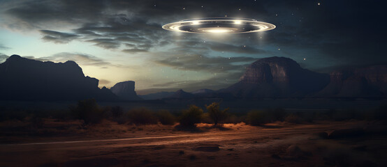 A glowing UFO hovering low in the desert night sky shines brightly 3 - obrazy, fototapety, plakaty