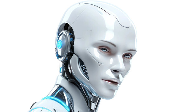 White Artificial Intelligence Robot Girl 3D Character Isolated on Transparent Background PNG.