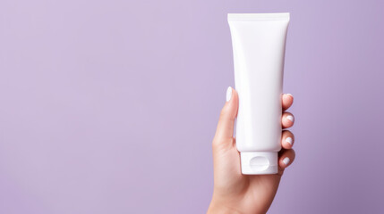 Close up of hand holding tube cosmetics product. Skincare hygiene moisturiser