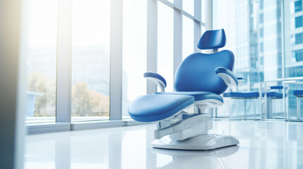 Modern Blue dentist chair in office room with panoramic windows. Concept of healthcare. Ai generative. - Powered by Adobe