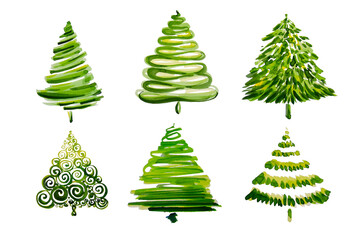 Set of green Christmas tree. Watercolor Christmas illustration of original icons on a white background. Christmas card.