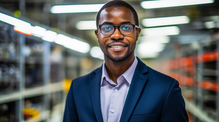 Obraz premium Portrait of African American System Administrator Engineer smiling wearing glasses. Server Room Specialist, Cyber Security Concept. Data Protection Network, Ai Generative
