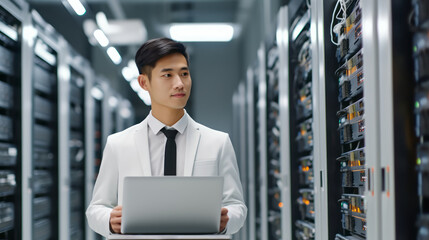 Fototapeta premium Server Room Asian Specialist, Cyber Security Concept. Portrait of Man. Formal wear. System Engineer with Laptop Computer. Data Protection Network, Ai Generative