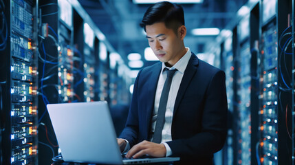 Server Room Asian Specialist, Cyber Security Concept. Portrait of Man. System Engineer with Laptop Computer. Data Protection Network, Ai Generative