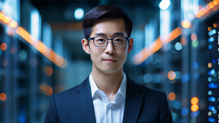 Portrait of Asian System Administrator Engineer smiling wearing glasses. Server Room Specialist, Cyber Security Concept. Data Protection Network, Ai Generative