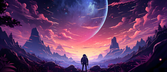 On a deserted planet, an astronaut stared alone at a huge planet 1 - obrazy, fototapety, plakaty